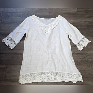 Marina Gigli Made In Italy Linen Cotton White Lace Cover Up Lightweight Beach